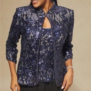 Embellished Navy Floral Lace Evening 2 pc.Jacket with Stand Collar
